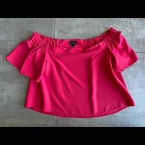 Topshop off the shoulder top in Bright Pink crepe with short flutter sleeves